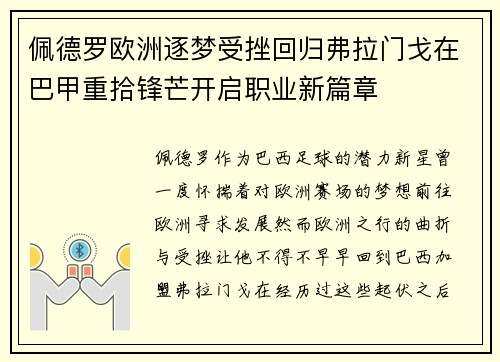 佩德罗欧洲逐梦受挫回归弗拉门戈在巴甲重拾锋芒开启职业新篇章